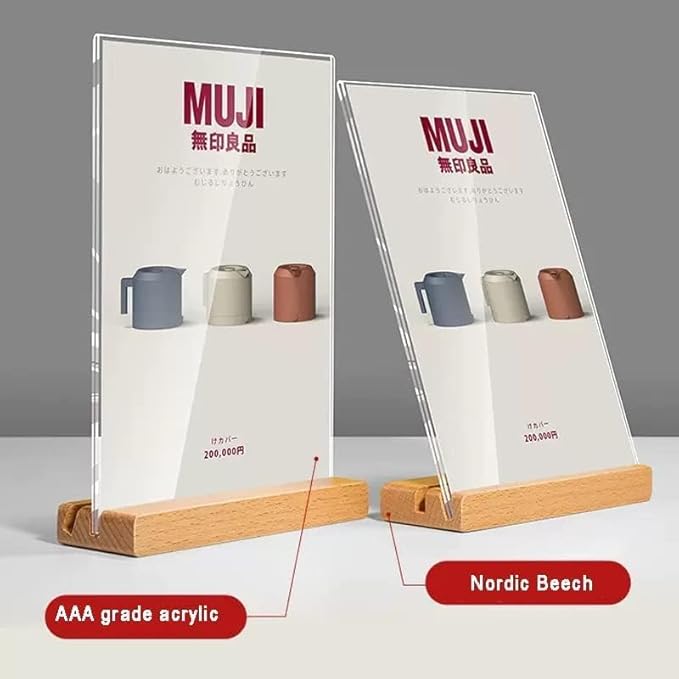 Acrylic Sign Holder A4/A5/A6 Menu Displays Double Sided, Wood Base Table Top Sign Stand (Horizontal A6 148×105mm/5.83×4.13 inches)