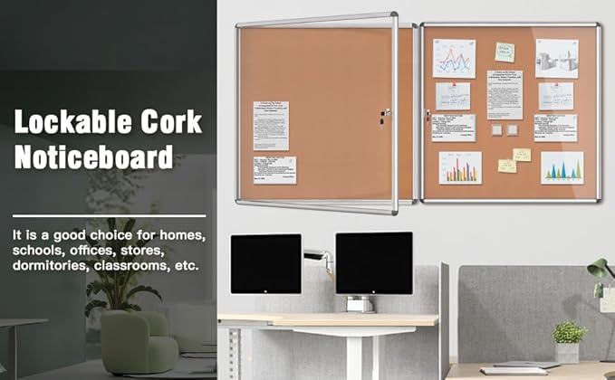 2 Pack 38"x38" Enclosed Bulletin Board, Lockable Weather-Resistant Aluminum Cork Noticeboard for School & Office, Silver Frame w/Cork