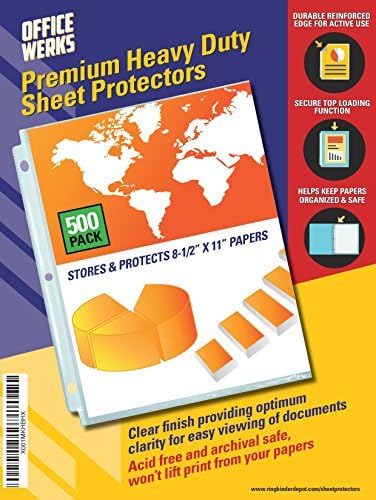 Office Werks 500 Pack of Heavyweight Sheet Protectors, 8.5" X 11" Heavy Duty Clear, Plastic Sheet Sleeves for 3 Ring Binder, Durable Top Loading Paper Protector with Reinforced Holes, Archival Safe