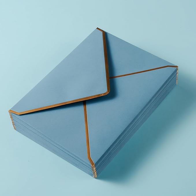 50 Pack A7 Envelopes Dusty-Blue 5 x 7 Self-Adhesive V Flap Envelopes with Gold Border for Office, Greeting Card, Wedding, Graduation, Baby Shower, Parties, Invitations