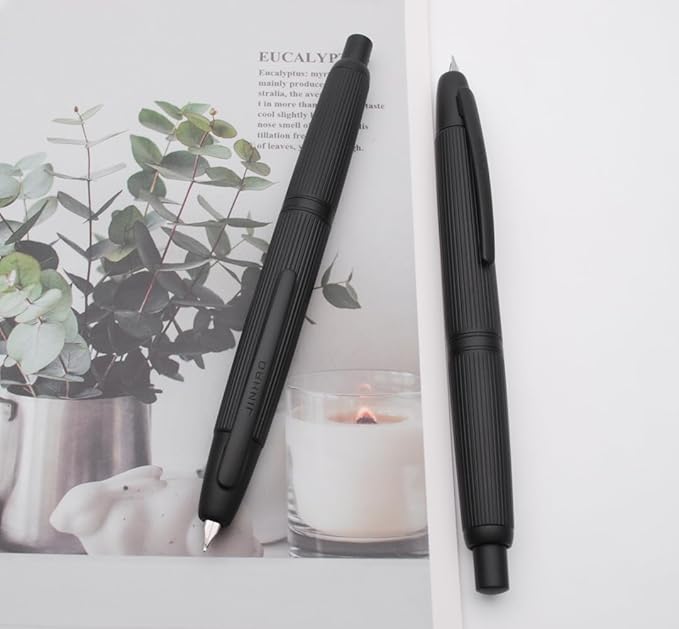JINHAO 10 Press Fountain Pen, Retractable Metal Pen with Ink Converter (F Nib 0.5mm, Striated Black)