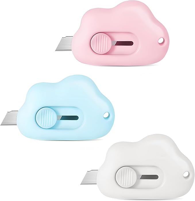 Mini Cloud Box Cutters Retractable Cute, 3 Pcs Small Utility Knives, Portable Letter Opener Slide Open with Keychain Hole, for Office School Stationery, Cutting Box Envelopes Papercutting
