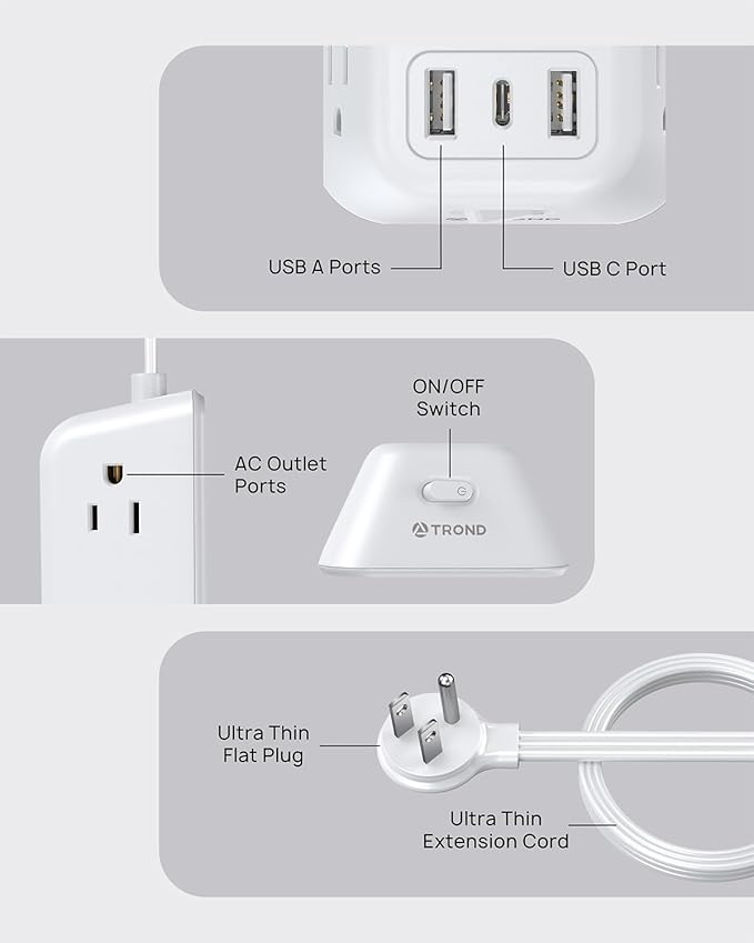 TROND Flat Plug Power Strip Surge Protector, 5FT Ultra Thin Extension Cord, 5 AC Outlets and 3 USB Ports, Wall Mountable, Compact Design for Home Office and Dorm Room Essentials