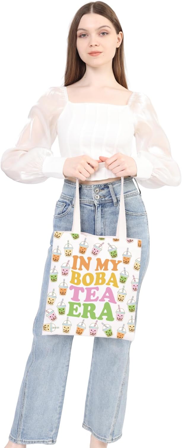 WSNANG Drinks Bubble Tea Gift In My Tea Era Canvas Tote Bag Bubble Tea Shoulder Bag Cute Milk Tea Shopping bag