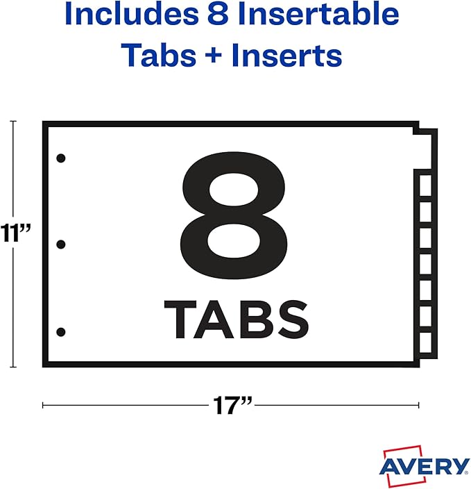 Avery Dividers for 3 Ring Binders, 8-Tab Binder Dividers, 11" x 17" Plastic Binder Dividers, Insertable Big Tabs, Multicolor, 1 Set (11179)