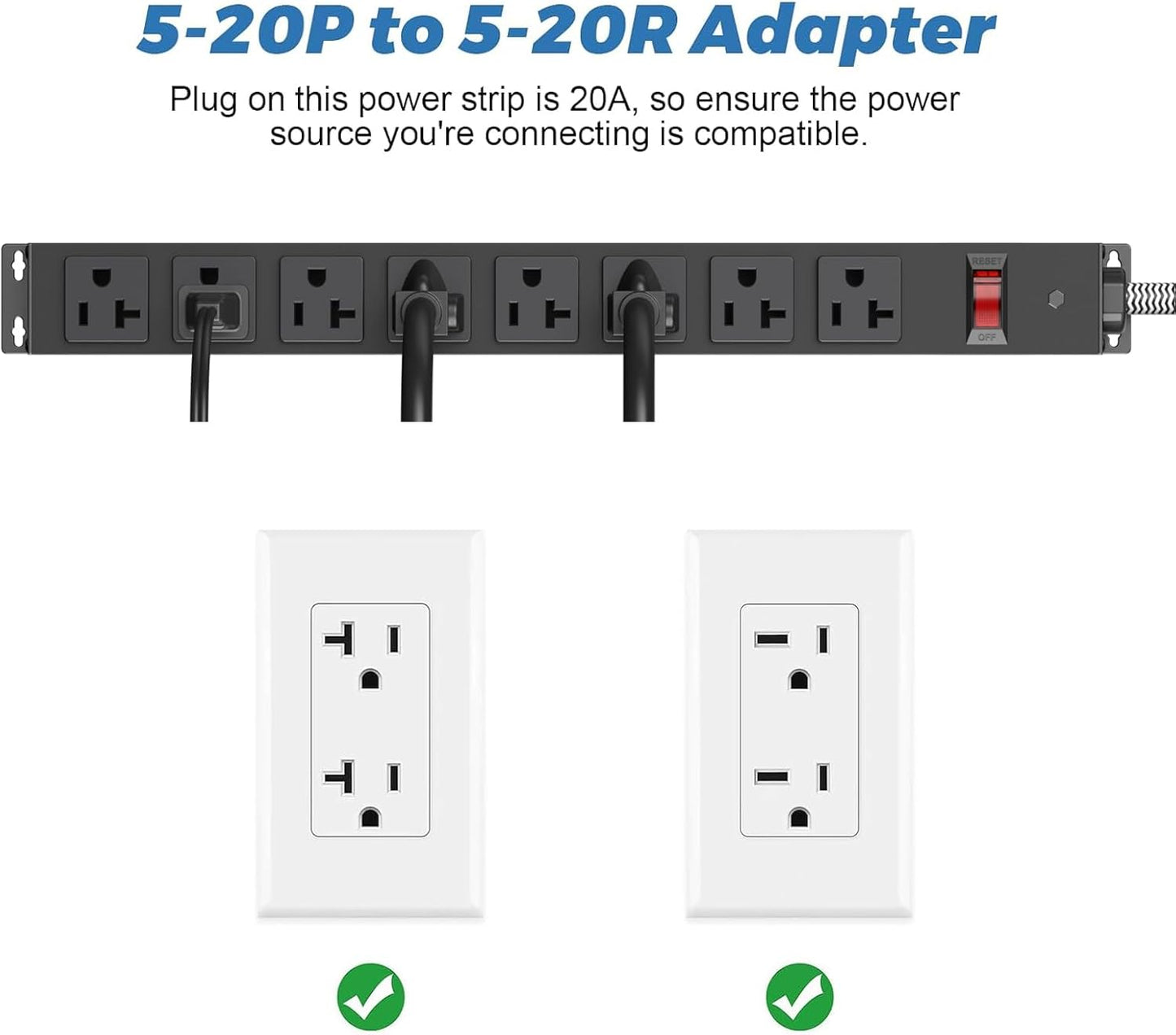 HEZI 20 Amp Power Strip Surge Protector 1200J, Metal 8 Outlets Heavy Duty 20amp, 15Ft 12 Gauge Extension Cord for Appliance Workbench Garage Industrial, Combine with T-Plug Adapter,5-20R T-Slot