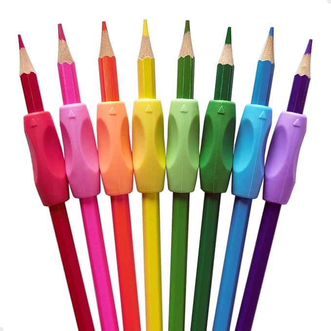 Ergonomic Pencil Grips Silicone 8 Pcs for Kids and Adults Handwriting, Gel Pen Grips with 3 Concaves, 1 Pack 4 Colors