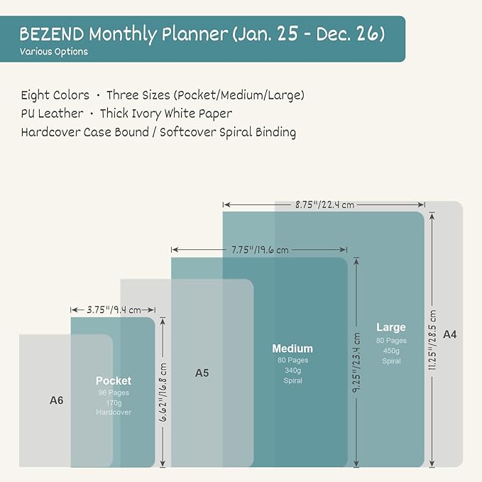 BEZEND 2 Year Monthly Planner 2025-2026 Medium Size 7" x 9" (Jan 2025 - Dec 2026) Spiral Calendar Book with Tabs, 120 GSM Thick Paper, Storage Pockets & Notes, PU Leather Softcover in Sky Blue