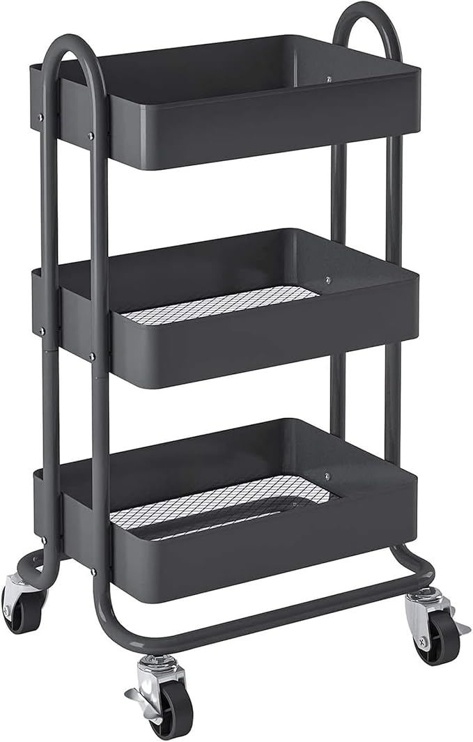 3-Tier Rolling Metal Storage Organizer,Mobile Utility Cart,Kitchen Storage Carts with Caster Wheels,Rolling Utility Cart Suitable for Office,Home,Kitchen,Garden๏ผ13.4"x18.1"x31"๏ผ Dark Grey
