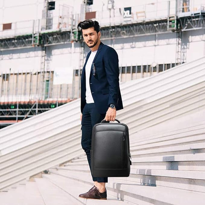 BOPai Genuine Leather Backpack for Men Multi-Function Backpack 15.6 inch Business Laptop Backpack Travel Smart Rucksack with USB Charging Anti Theft Backpack Office Black