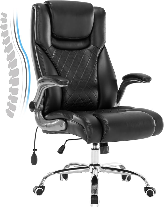 Executive Office Chair Desk Swivel Chair High Back Computer Chair - Adjustable Lumbar Support with Flip-Up Arms PU Leather Chair with Spring Cushion (Black)