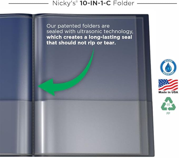 Nicky's® Multi Pocket Organizer, 10 or 14 Page Folder, Waterproof, Patented Tear-Resistant, Flexible Plastic, Proudly Made in USA, Binder Substitute. (10-in-1 Clear Inside/Navy Blue Outside)