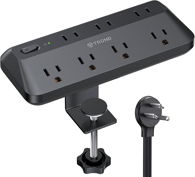 TROND Desk Clamp Power Strip - 1700J Surge Protector with 7 Outlets, Desktop Edge Mount Extension Cord, Fit 1.97" Tabletop, 6FT Flat Plug for Teacher Must Haves, Office, ETL List, Black