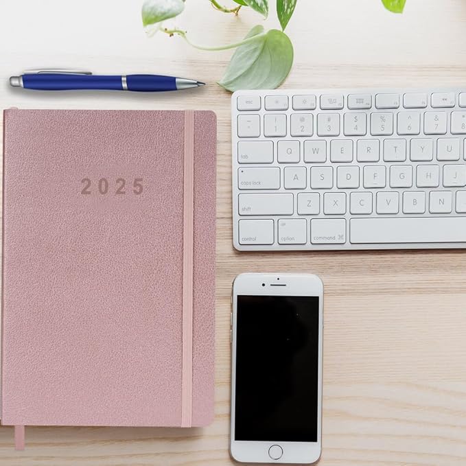 2025 Planner - Weekly and Monthly Planner Jan to Dec 2025, Holidays, Contacts and Notes Pages, Vegan Leather Cover, Elastic Closure, 5.5”x8.25”, Rose Gold