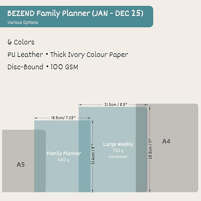 BEZEND Life Planner 2025 Weekly & Monthly Family Organizer with 6 Columns 7" x 9" - Agenda 2025 Family Calendar with Tabs, Pocket & Tear-off Shopping List, Disc Bound Flexible Cover - Black