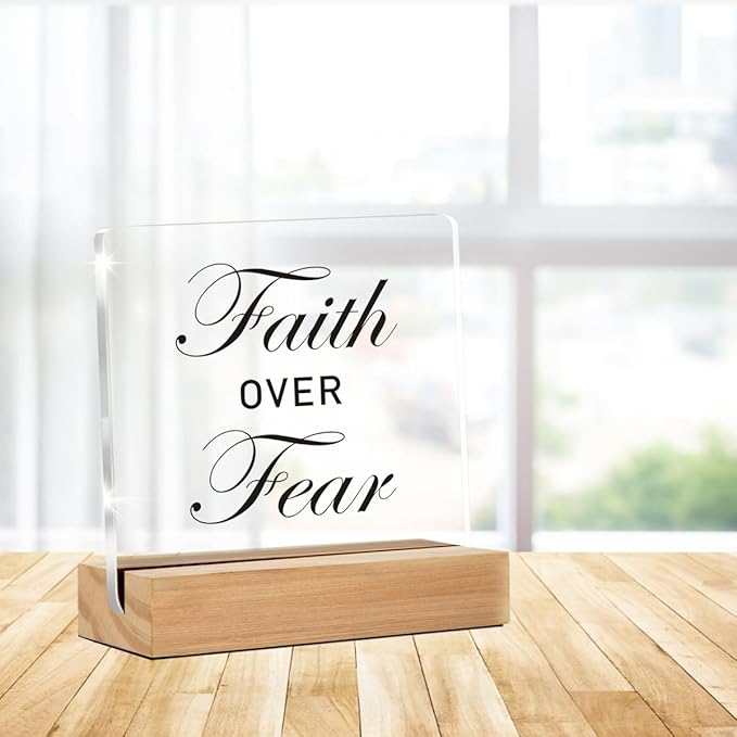 Positive Christian Gifts for Women Men, Faith Over Fear Christian Clear Acrylic Sign With Wooden Stand for Desk Table Shelf