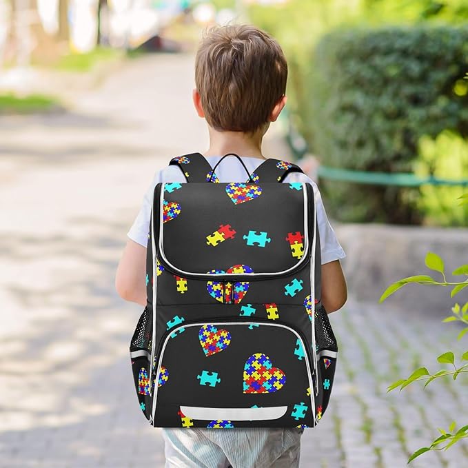 Autism Awareness Colorful Puzzle Backpack with Reflective Strip for Kids Boys Girls Elementary School Bag Removable Chest Strap