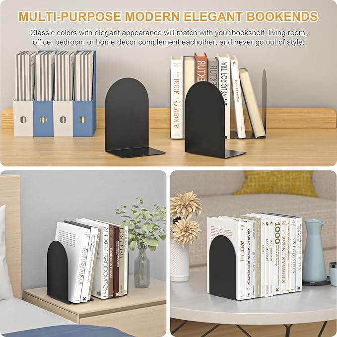 Bookends 4 Pairs, Metal Round Book Ends, Bookends for Shelves, Book Ends for Desk, Book End to Hold Books, Book Stopper, Black Bookend for Home Office