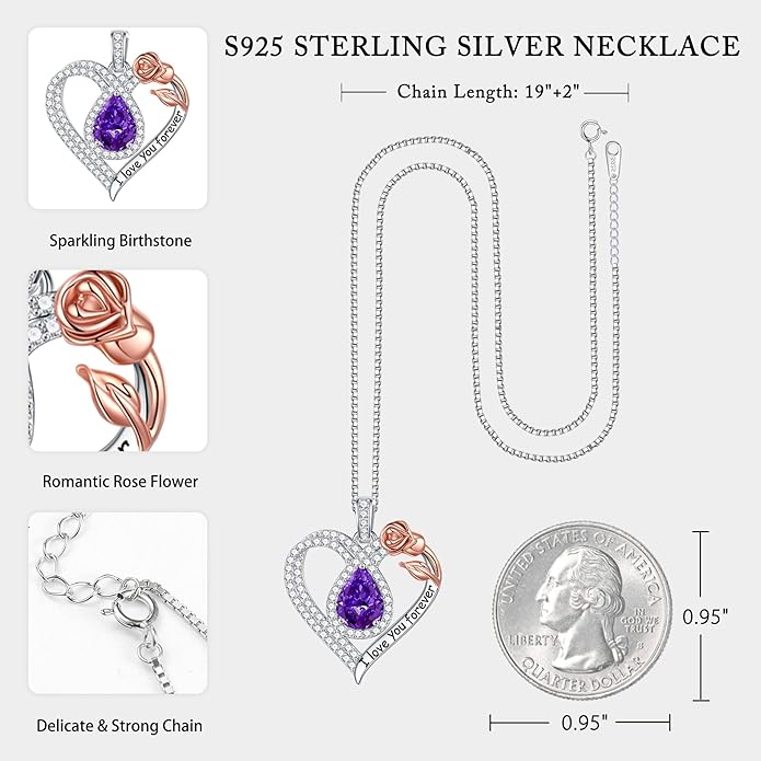 Hidepoo Christmas Gifts for Women Mom Wife - Sterling Silver Rose Heart Birthstone Necklace I Love You Forever Heart Pendant Teardrop Necklace Jewelry Anniversary Valentines Christmas Birthday Gifts