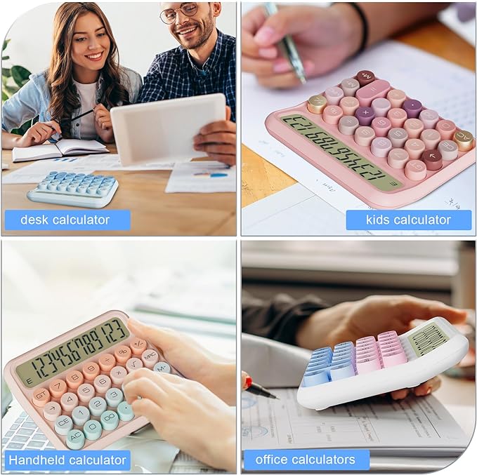 Mechanical Calculator 12 Digit Extra Large 5-Inch LCD Display, DECKLIT Battery Desk Calculator, Big Buttons Easy to Press Office Calculators Desktop, 15°Tilt Screen for Kids Calculator(Blue&Pink)