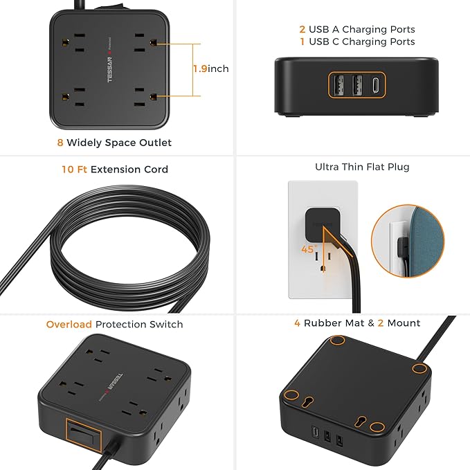 Power Strip Surge Protector 10 Ft Cord, 8 AC Outlets, 3 USB Charger (1 USB C Port), Thin Flat Extension Cord 10 Feet, Flat Plug, 900 Joules Protection, for Home, Office, Dorm Room Essentials, Black