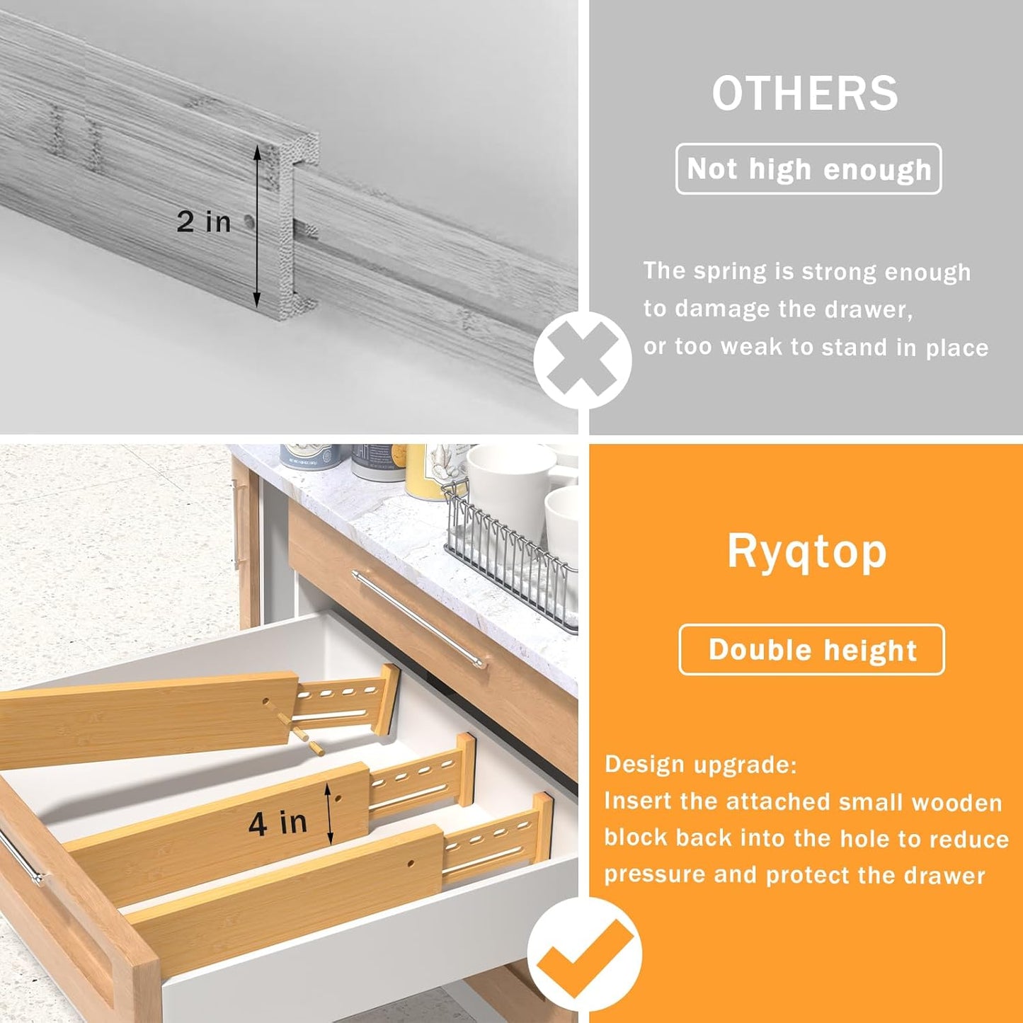 Bamboo Drawer Dividers 4" High, 12.8-18" Adjustable Drawer Organizers for Clothes,Expandable Dresser Separators in Bedroom/Kitchen/Bathroom/Office Organization and Storage,2 Pack