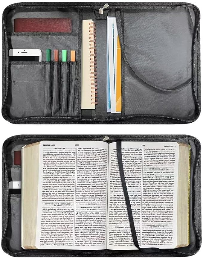 Lotusorchid Floral Bible Book Cover Case with Handle Pocket, Portable Bible Cover Case with Pen Storage, Sturdy PU Bible Tote Bag with Verse for Women Girls, Bible Accessories, Green,XL