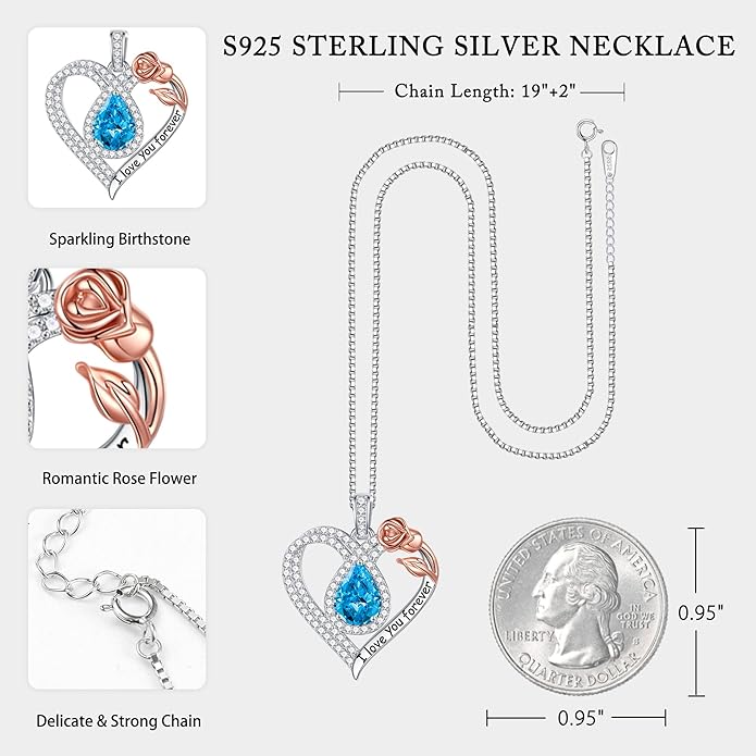 Hidepoo Christmas Gifts for Women Mom Wife - Sterling Silver Rose Heart Birthstone Necklace I Love You Forever Heart Pendant Teardrop Necklace Jewelry Anniversary Valentines Christmas Birthday Gifts