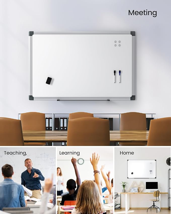 VUSIGN 6PCS Magnetic White Board Kit for Wall 36" x 24", 6 Dry Eraser & 12 Multicolor Markers & 24 Magnetic Pins, Sliver Reinforced Aluminum Frame for Home, School, Office