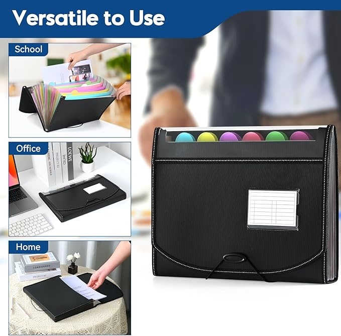 12-Pocket-Expanding File-Folder,Accordion-File-Organizer, A4/US Letter Size Paper Receipt Organizer Accordian Filing Folders (Black-C-12 Pockets)