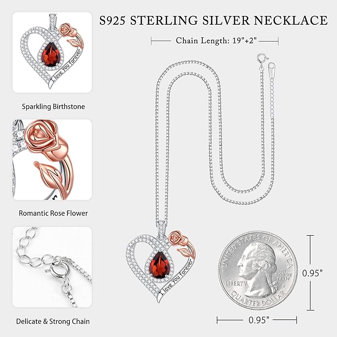 Hidepoo Christmas Gifts for Women Mom Wife - Sterling Silver Rose Heart Birthstone Necklace I Love You Forever Heart Pendant Teardrop Necklace Jewelry Anniversary Valentines Christmas Birthday Gifts