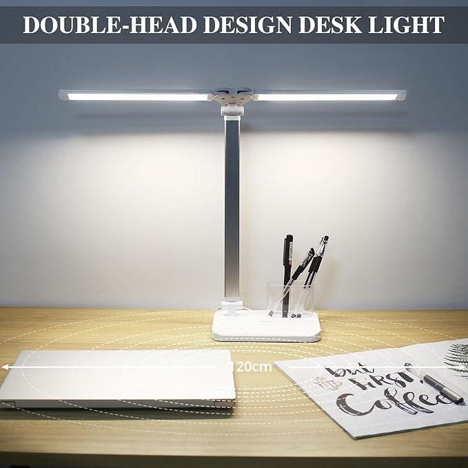 iVict Dual Swing Arm LED Desk Lamps, 5 Light Modes x 10 Brightness Levels Desk Light with USB Charging Port, 45 Minutes Auto Timer Table Lamp, Desk Lamp for Home Office, Bedroom, Reading/Study