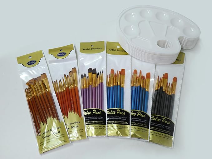 72 Pcs Painting Brush Palette Set, 60 Pcs Paint Brushes with 12 Palettes for Kids or Adults to Create Art Paint Oil Watercolor