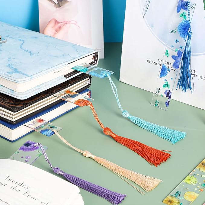 10 Pieces Flower Resin Bookmark Transparent Floral Bookmarks for Women Cute Bookmarks Flower Page Marker with Tassels, Christmas Gifts Stocking Stuffers for Women Kids