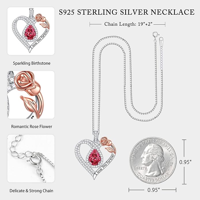 Hidepoo Christmas Gifts for Women Mom Wife - Sterling Silver Rose Heart Birthstone Necklace I Love You Forever Heart Pendant Teardrop Necklace Jewelry Anniversary Valentines Christmas Birthday Gifts