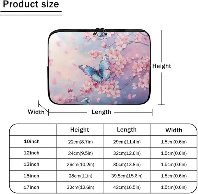 Butterfly Print Laptop Bag for Girls, 13 Inch Peach Blossom Laptop Sleeve Soft Laptop Case Bag for Girls, Waterproof Laptop Briefcase Computer Bag with Zipper