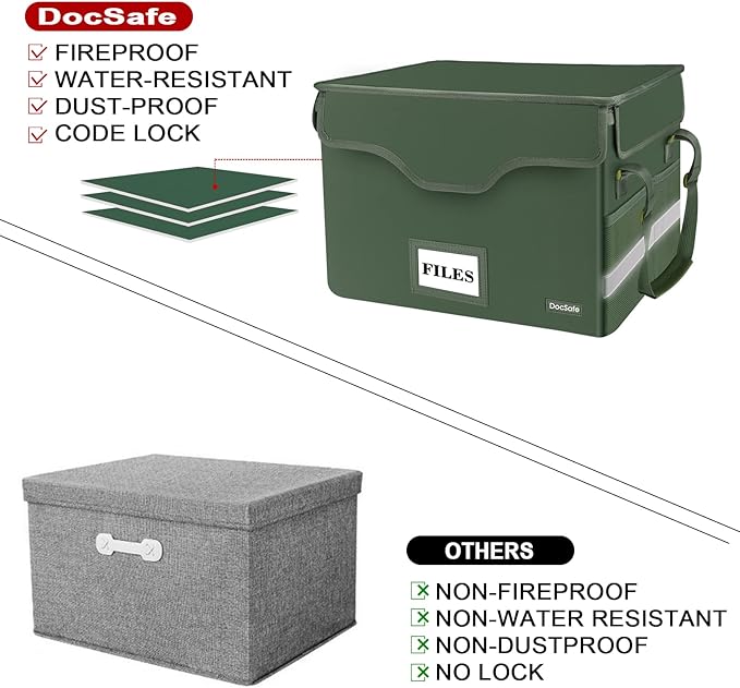 DocSafe File Box Fireproof Document Box with Lock,File Storage Organizer Box with Insert Mesh Pocket,Collapsible Portable File Box Home Office File Cabinet for Hanging Letter/Legal Folder,Green,2 Pack