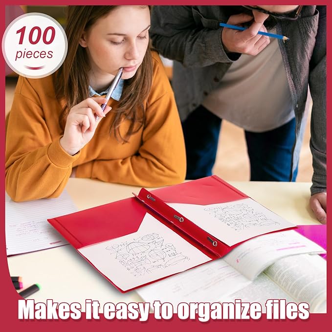 Lincia 100 Pcs Plastic Folders with Pockets and Prong Folders with Prongs Plastic Folders with 2 Pockets Pocket Folders for Office, School for Students, Teachers, Office Workers (Red)