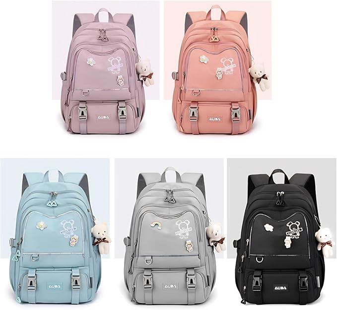 Cute School Laptop Backpack with Large Capacity Multiple Pockets for Girls Travel Friendly with Luggage Strap Accessory Included (Grey)