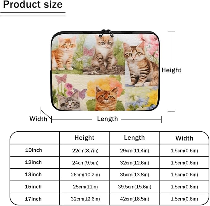 Cat Floral Printed Computer Case Bag for Girls Boys, Washable 12 Inch Laptop Bag Carrying Case Cute Laptop Briefcase Neoprene with Zipper, Compatible with Various Computers