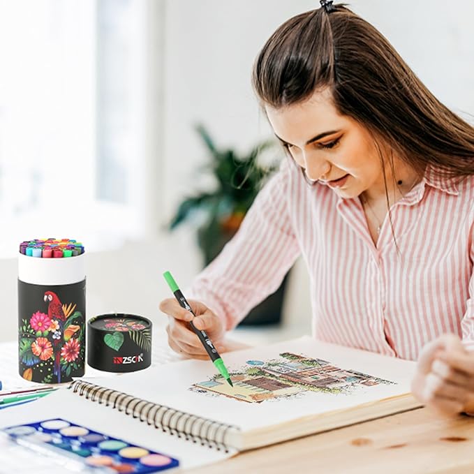 ZSCM 48 Colors Duo Tip Brush Markers Art Pen Set, Artist Fine and Brush Tip Colored Pens, for Adult Coloring Books Christmas Cards Drawing, Note taking Lettering Calligraphy Journaling