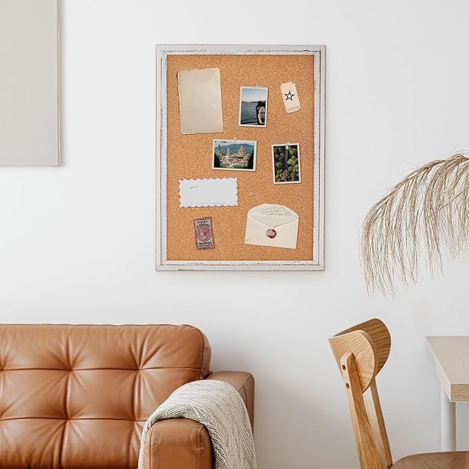 DOLLAR BOSS White Cork Board - 30 X 20 Inches, Rustic Wooden Frame, Decorative Hanging Pin Board for Office & Home Decor