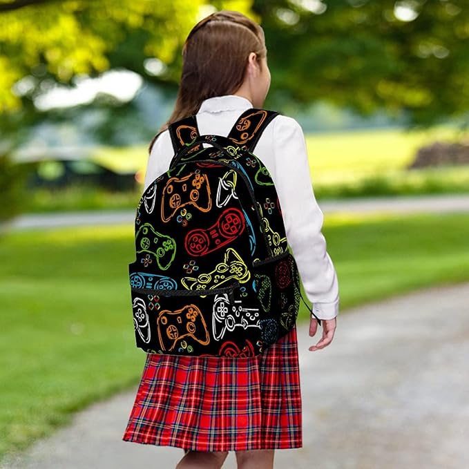 Fiokroo Game Joystick Colorful Silhouettes Backpack School Bag For Students Teens Men Women Laptop Backpacks Travel Daypack Bag With Multiple Pockets