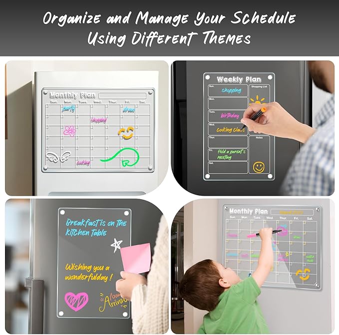 DIYMAG 3Pack Acrylic Magnetic Dry Erase Calendar for Fridge, Clear Acrylic Calendar Planning Board Set Magnetic Weekly Monthly Planner Memo Board for Refrigerator with 6 Highlight