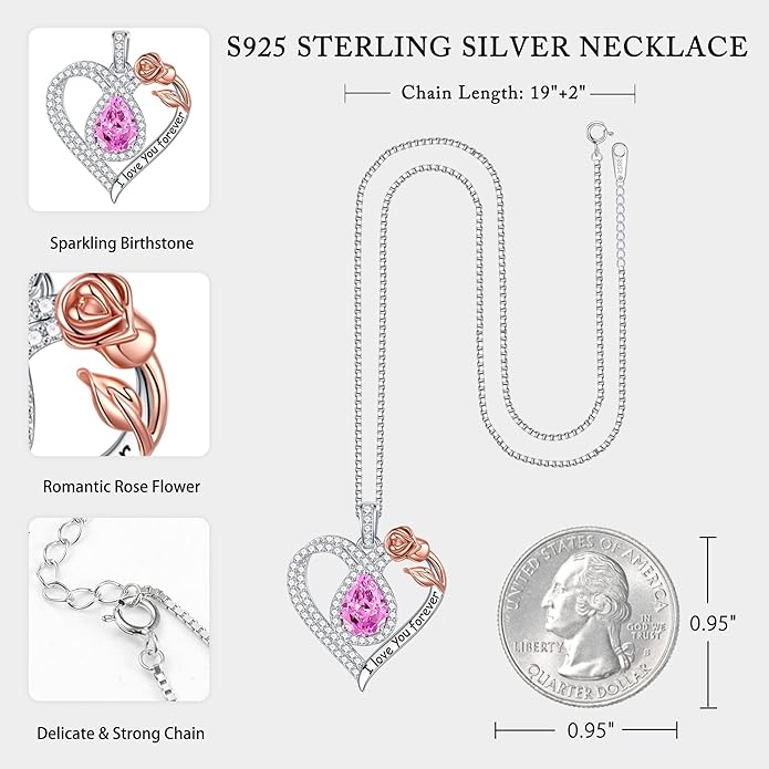 Hidepoo Christmas Gifts for Women Mom Wife - Sterling Silver Rose Heart Birthstone Necklace I Love You Forever Heart Pendant Teardrop Necklace Jewelry Anniversary Valentines Christmas Birthday Gifts