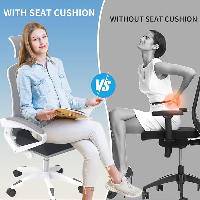 Large Seat Cushion, Soft Foam Cushion for Long Sitting Hours on Office Chair, Home & Car, Non-Slip Chair Pad for Relieving Back & Sciatica & Hip & Coccyx Pain (Grey)