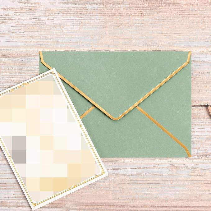 50 Pack A4 Envelopes Sage Green 4x6 Self-Adhesive V Flap Envelopes with Gold Border for Office, Wedding Gift Cards, Invitations, Graduation, Baby Shower, Parties (4.25x6.25 inches)