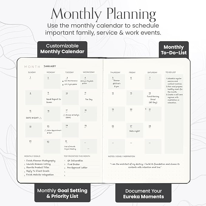 2025 Planner, Daily Journal & Gratitude Journal All-In-One with To Do List, Self Care Prompts & Habit Tracker - 5.8 x 8.3 - Black