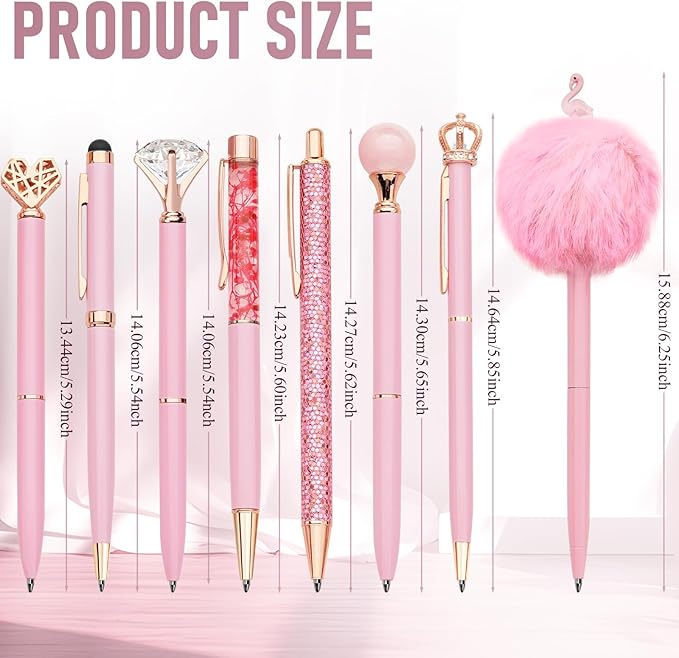 WEMATE 8Pcs Ballpoint Pens Set Metal Crystal Diamond Glitter for Journaling Pink Pen Bling in Black & Blue Ink Pretty Cute Fancy Gifts for Women Wedding School Office Desk(Pink)