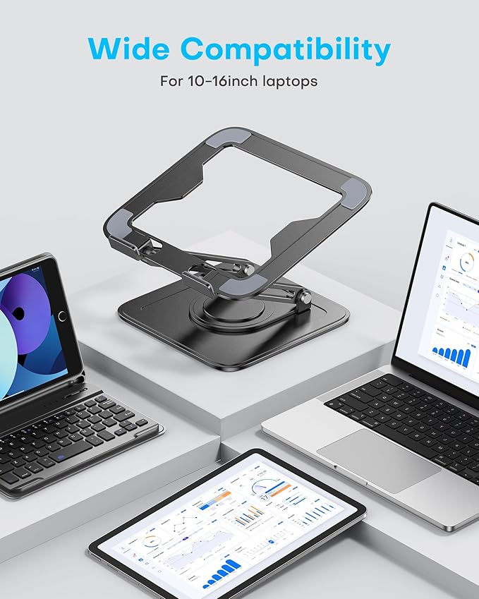 Adjustable Laptop Stand, Computer stand with 360 Rotating Base, Ergonomic Laptop Riser for Desk Foldable Laptop Mount Protable Computer Stand for Laptop Fits with MacBook Pro Air (10-16") - Black